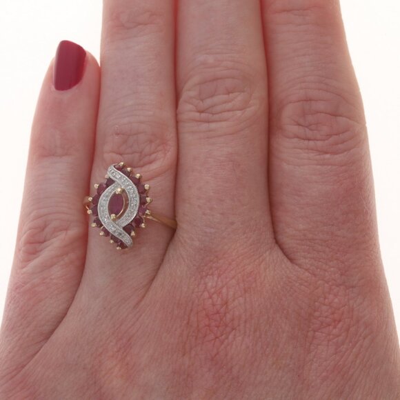Yellow Gold Ruby Diamond Ring - 10k Marquise & Round .94ctw Swirl - Picture 2 of 6
